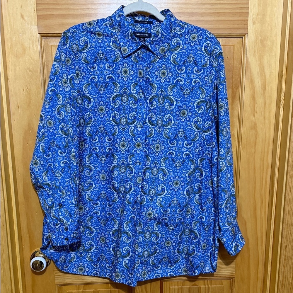 Lands' End No Iron Supima Women's Blue Paisley 1/2 Button Tunic Top, Size 18W.